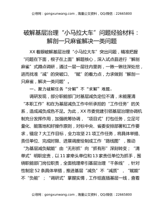 破解基层治理“小马拉大车”问题经验材料：解剖一只麻雀 解决一类问题