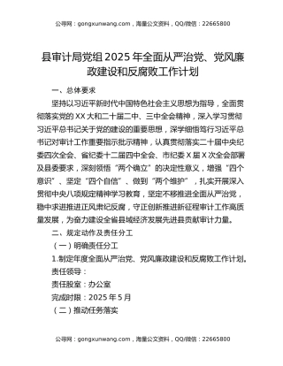县审计局党组2025年全面从严治党、党风廉政建设和反腐败工作计划