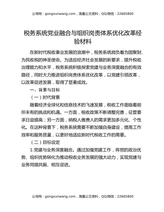 税务系统党业融合与组织岗责体系优化改革经验材料