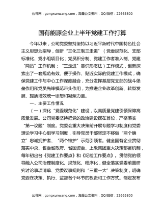 国有能源企业上半年党建工作打算