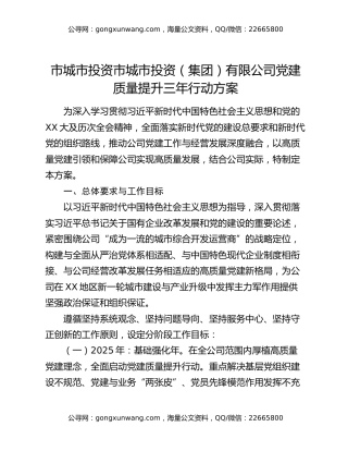 市城市投资（集团）有限公司党建质量提升三年行动方案