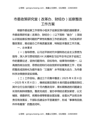 市委政策研究室（改革办、财经办）巡察整改工作方案