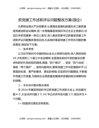 抓党建工作述职评议问题整改方案（国企）