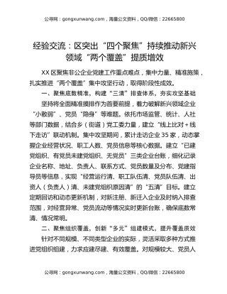 经验交流：区突出“四个聚焦”持续推动新兴领域“两个覆盖”提质增效
