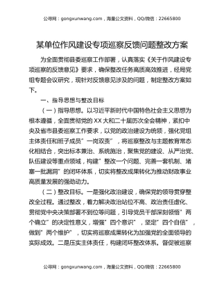 某单位作风建设专项巡察反馈问题整改方案