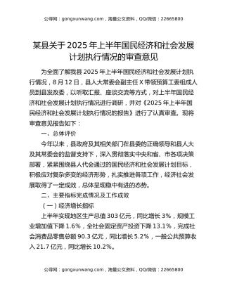 某县关于2025年上半年国民经济和社会发展计划执行情况的审查意见