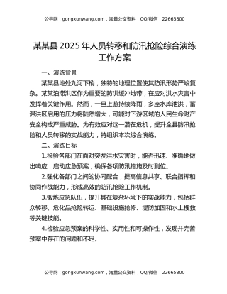 某某县2025年人员转移和防汛抢险综合演练工作方案