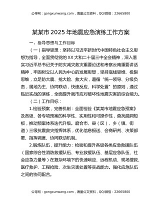 某某市2025年地震应急演练工作方案