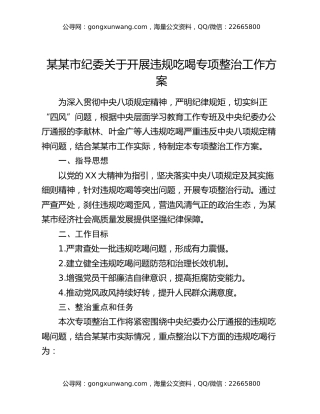 某某市纪委关于开展违规吃喝专项整治工作方案