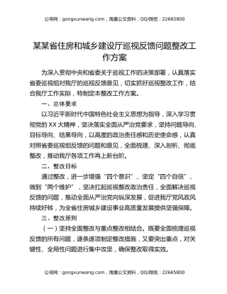 某某省住房和城乡建设厅巡视反馈问题整改工作方案