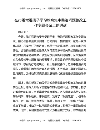 在市委常委班子学习教育集中整治问题整改工作专题会议上的讲话