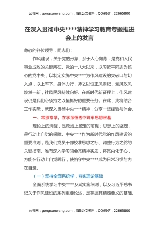 在深入贯彻中央八项规定精神学习教育专题推进会上的发言