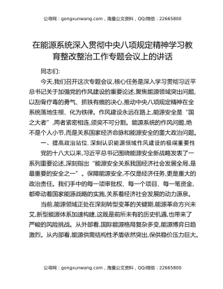 在能源系统深入贯彻中央八项规定精神学习教育整改整治工作专题会议上的讲话