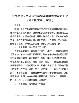 在违反中央八项规定精神典型案例警示思想交流会上的发言（乡镇）