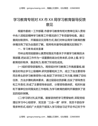 学习教育专班对XX市XX局学习教育督导反馈意见（八项规定精神学习教育）
