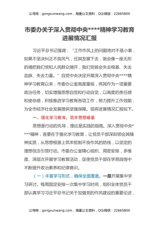 市委办关于深入贯彻中央八项规定精神学习教育进展情况汇报