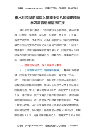 市水利和湖泊局深入贯彻中央八项规定精神学习教育进展情况汇报