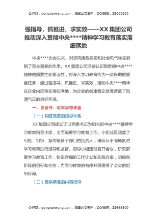 强指导，抓推进，求实效——XX集团公司推动深入贯彻中央八项规定精神学习教育落实落细落地
