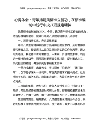 心得体会：青年扬清风 标准立新功，在标准编制中践行中央八项规定精神