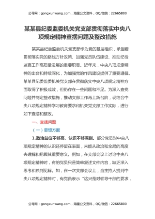 某某县纪委监委机关党支部贯彻落实中央八项规定精神查摆问题及整改措施