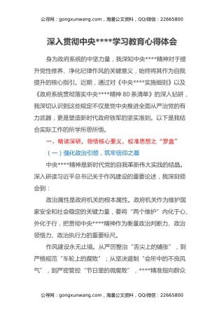 深入贯彻中央八项规定学习教育心得体会：学思践悟八项规定精神，砥砺奋进锻造政府劲旅