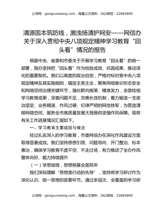 清源固本筑防线，激浊扬清护网安——网信办关于深入贯彻中央八项规定精神学习教育“回头看”情况的报告