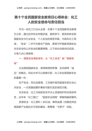 第十个全民国家安全教育日心得体会：化工人的安全使命与责任担当