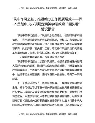 筑牢作风之基，推进编办工作提质增效——深入贯彻中央八项规定精神学习教育“回头看”情况报告