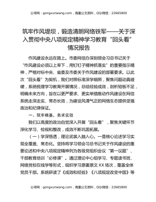 筑牢作风堤坝，锻造清朗网络铁军——关于深入贯彻中央八项规定精神学习教育“回头看”情况报告