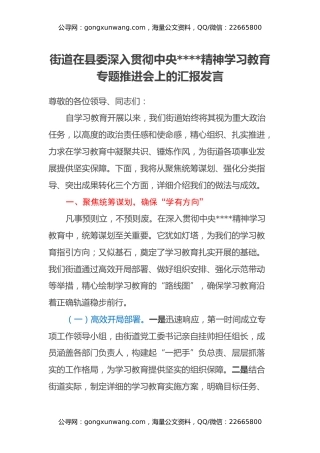 街道在县委深入贯彻中央八项规定精神学习教育专题推进会上的汇报发言