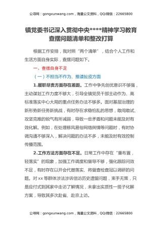 镇党委书记深入贯彻中央八项规定精神学习教育查摆问题清单和整改打算