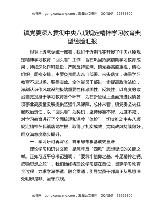 镇党委深入贯彻中央八项规定精神学习教育典型经验汇报