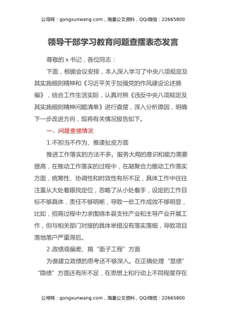 领导干部深入贯彻中央八项规定精神学习教育问题查摆表态发言