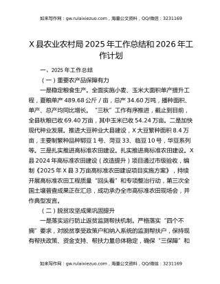 X县农业农村局2025年工作总结和2026年工作计划