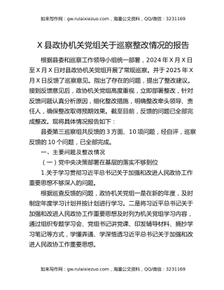 X县政协机关党组关于巡察整改情况的报告