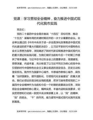党课：学习贯彻四中全会精神，奋力推进中国式现代化我市实践