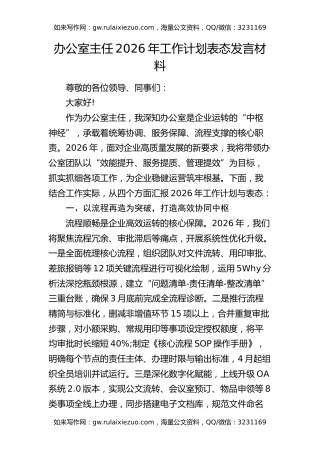 公司办公室主任工作计划表态发言