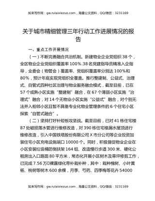 关于城市精细管理三年行动工作进展情况的报告
