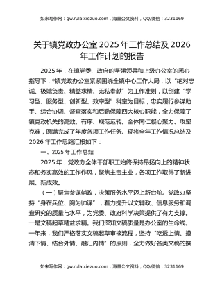 关于镇党政办公室2025年工作总结及2026年工作计划的报告