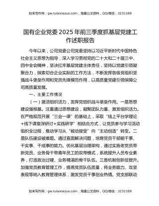 国有企业党委2025年前三季度抓基层党建工作述职报告
