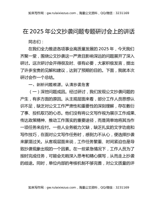 在2025年公文抄袭问题专题研讨会上的讲话