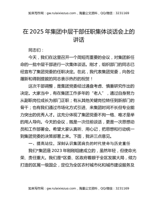 在2025年集团中层干部任职集体谈话会上的讲话