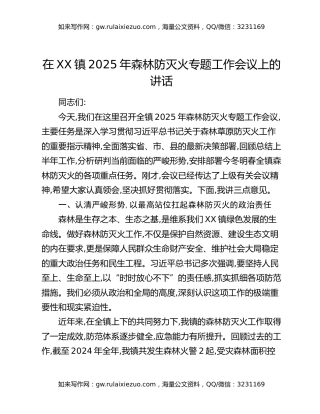 在XX镇2025年森林防灭火专题工作会议上的讲话