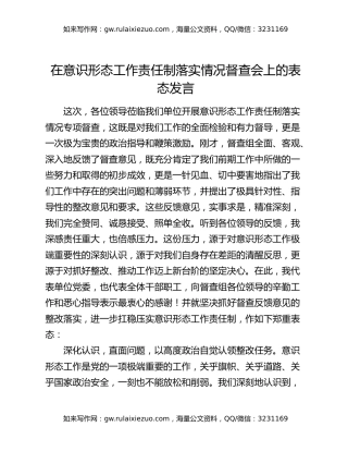在意识形态工作责任制落实情况督查会上的表态发言
