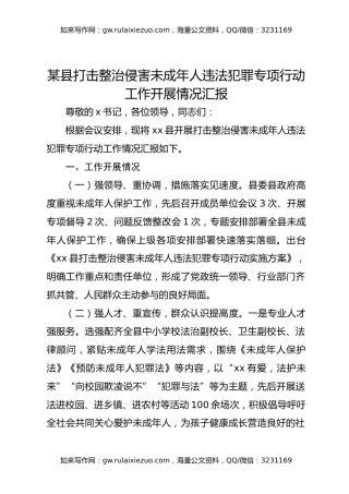 某县打击整治侵害未成年人违法犯罪专项行动工作开展情况汇报