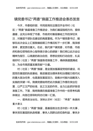 镇党委书记“两委”换届工作推进会表态发言