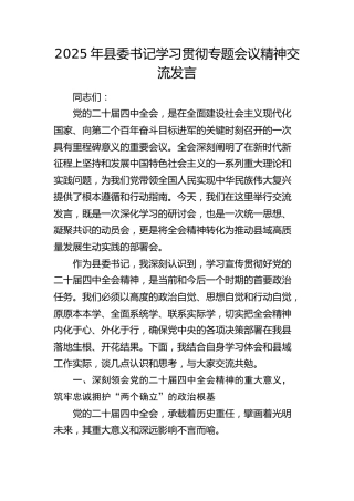 2025年县委书记学习贯彻四中全会精神专题会议精神交流发言