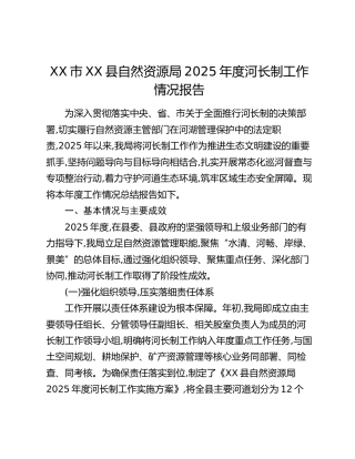 XX市XX县自然资源局2025年度河长制工作情况报告