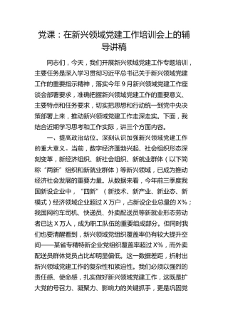 党课：在新兴领域党建工作培训会上的辅导