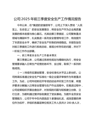 公司2025年前三季度安全生产工作情况报告